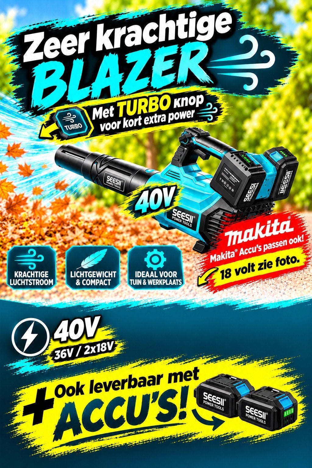 Seesii Bladblazer 40v/36v voor 2 x Makita 18V accu's., Nieuw, Ophalen of Verzenden, Seesii for Makita®, Accu