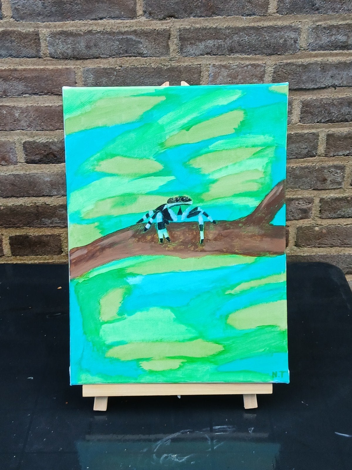 Handgeschilderd schilderij: Springspin 30x40, Ophalen of Verzenden, Handgeschilderd, Acrylverf, Dieren