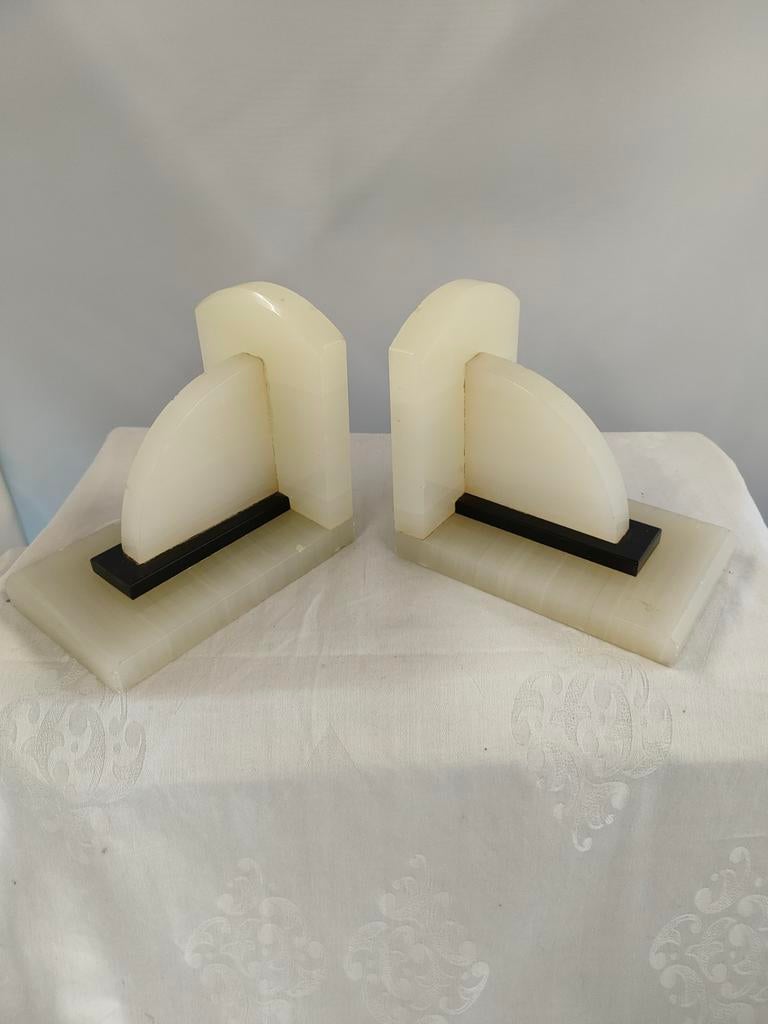 Set van 2 Witte Marmeren Boekensteunen met Zwarte Accent, Gebruikt, Ophalen of Verzenden, Klassiek, Wit