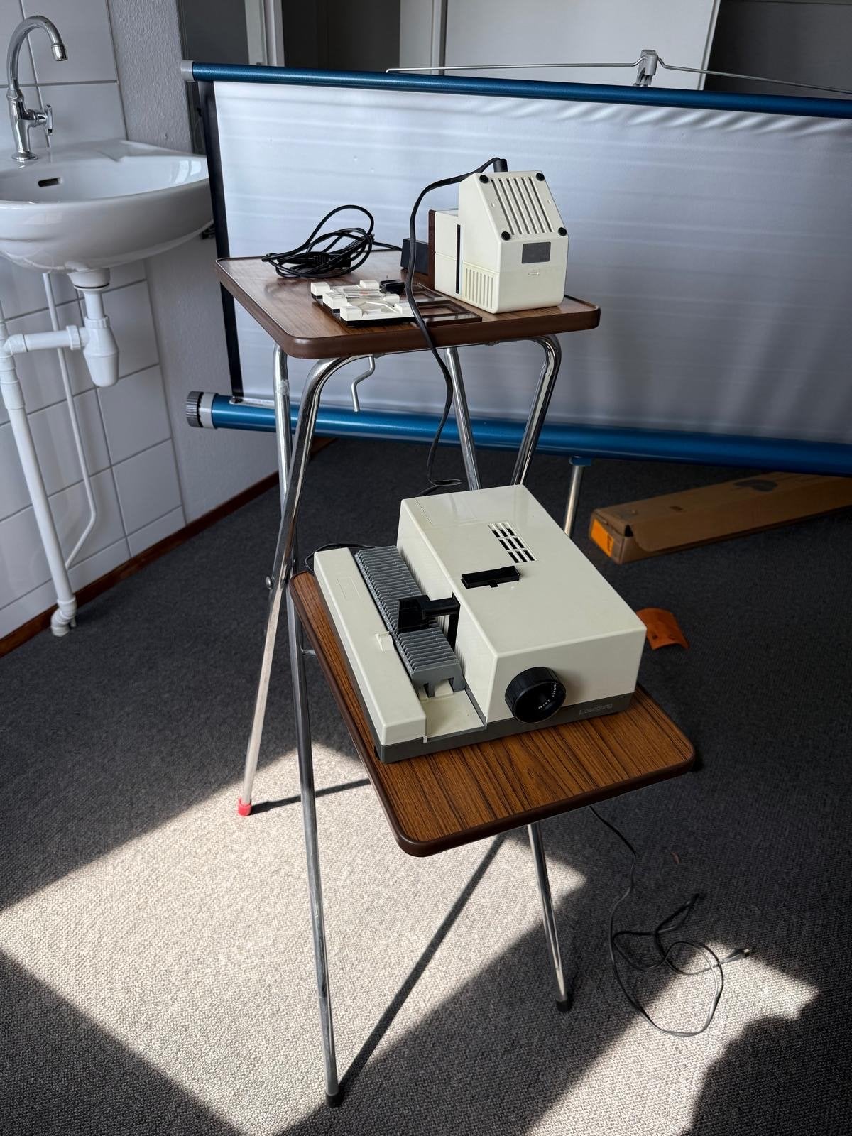 Vintage Liesegang Diaprojector met scherm en accessoires, Audio, Tv en Foto, Diaprojectors, Ophalen, Gebruikt, Met scherm