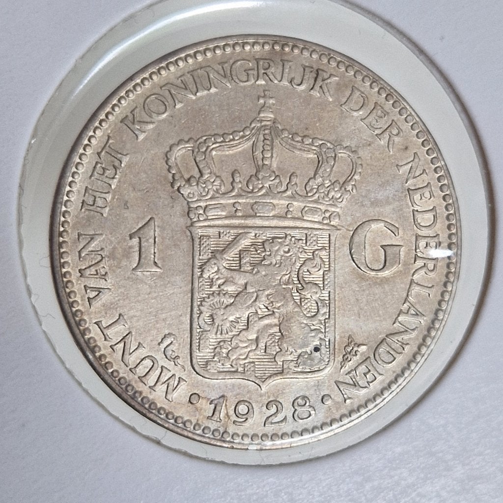 Zilveren gulden 1928 Wilhelmina, 1 gulden, Zilver, Ophalen of Verzenden, Koningin Wilhelmina
