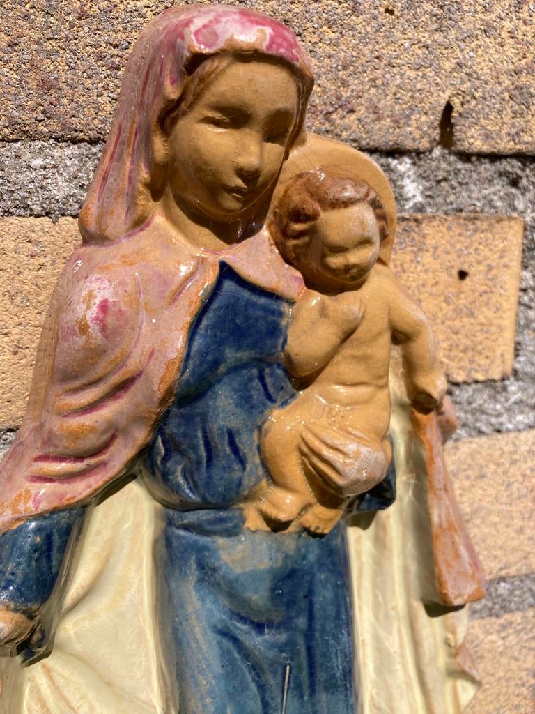Sfeervol origineel wandbeeldje Maria met kind, Antiek en Kunst, Antiek | Religie, Ophalen