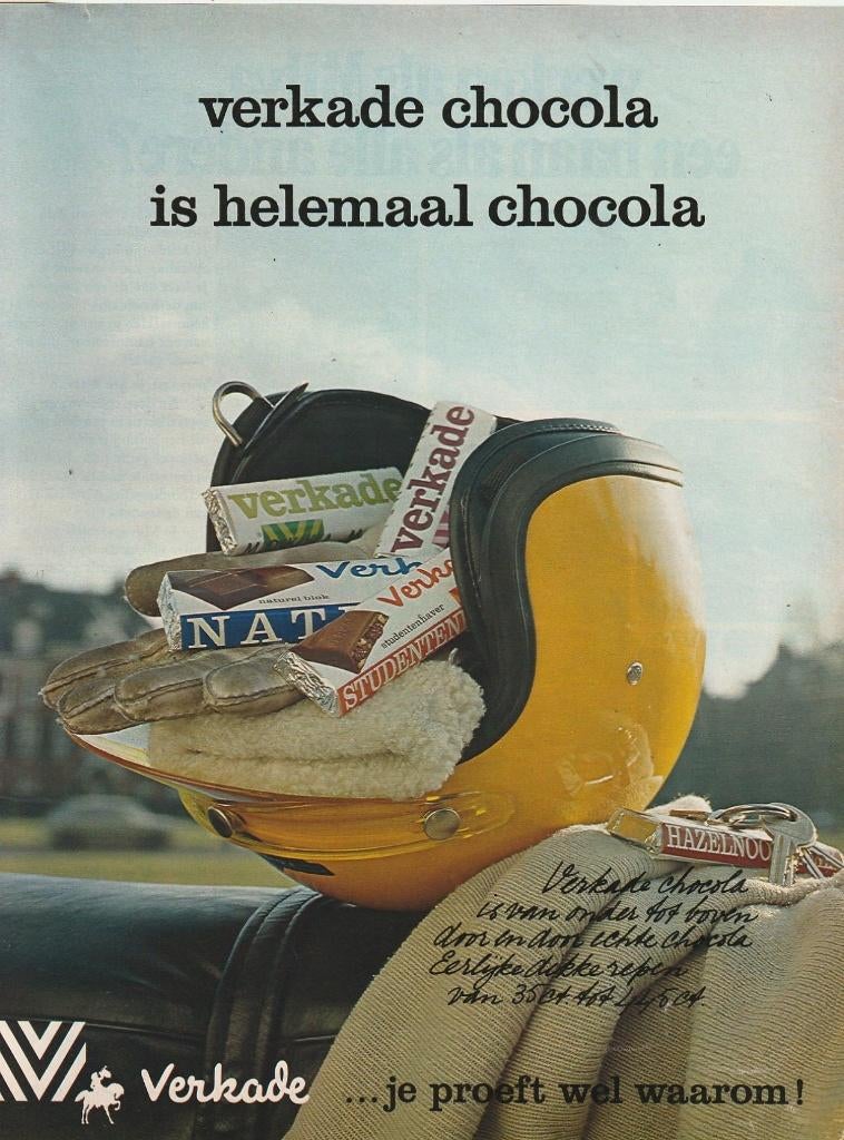 Retro reclame 1974 Verkade Zaandam chocolade in helm, Verzamelen, Retro, Verzenden, Overige typen
