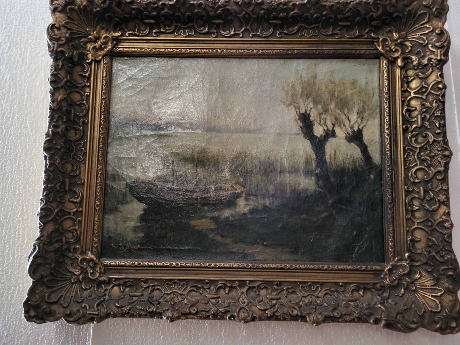 Olieverfschilderij Landschap met boot en wilgen. F.Broekman, Ophalen of Verzenden