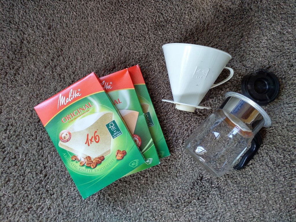 Koffiepot met filterhouder en filters 1 x 6, Ophalen, Gebruikt, Overige typen, Overige stijlen
