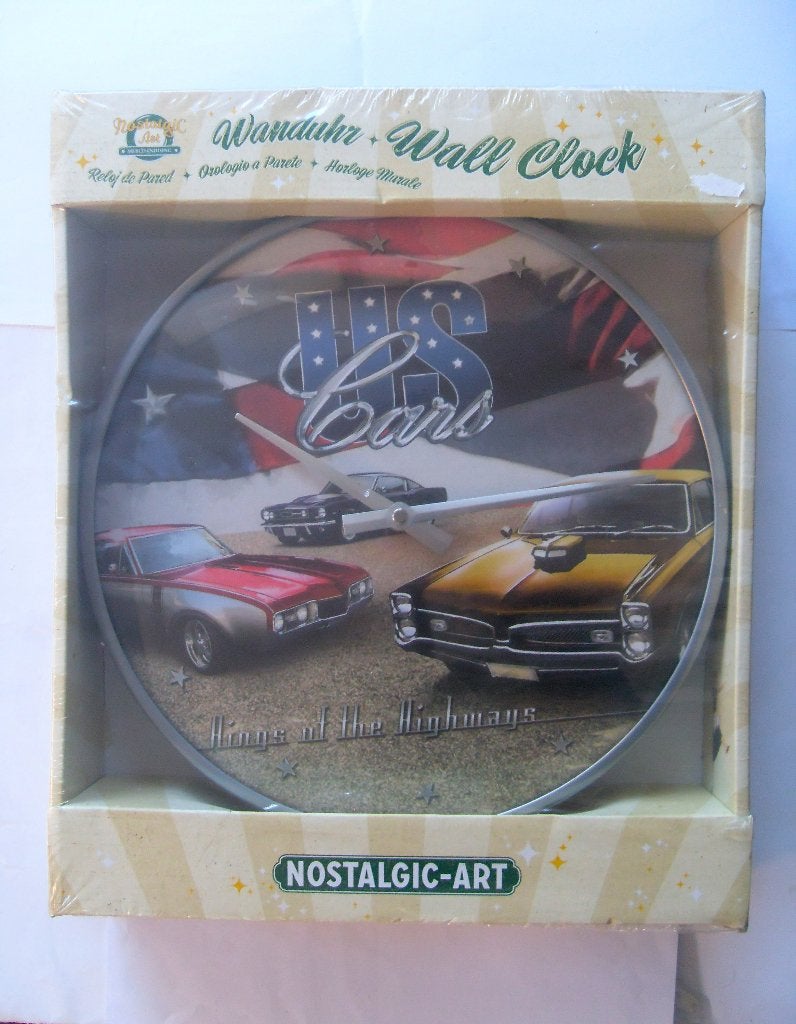 Metalen Wandklok U.S. Cars Wand Klok USA Amerika Route 66, Vintage, Analoog, Werkt op batterijen, Nieuw