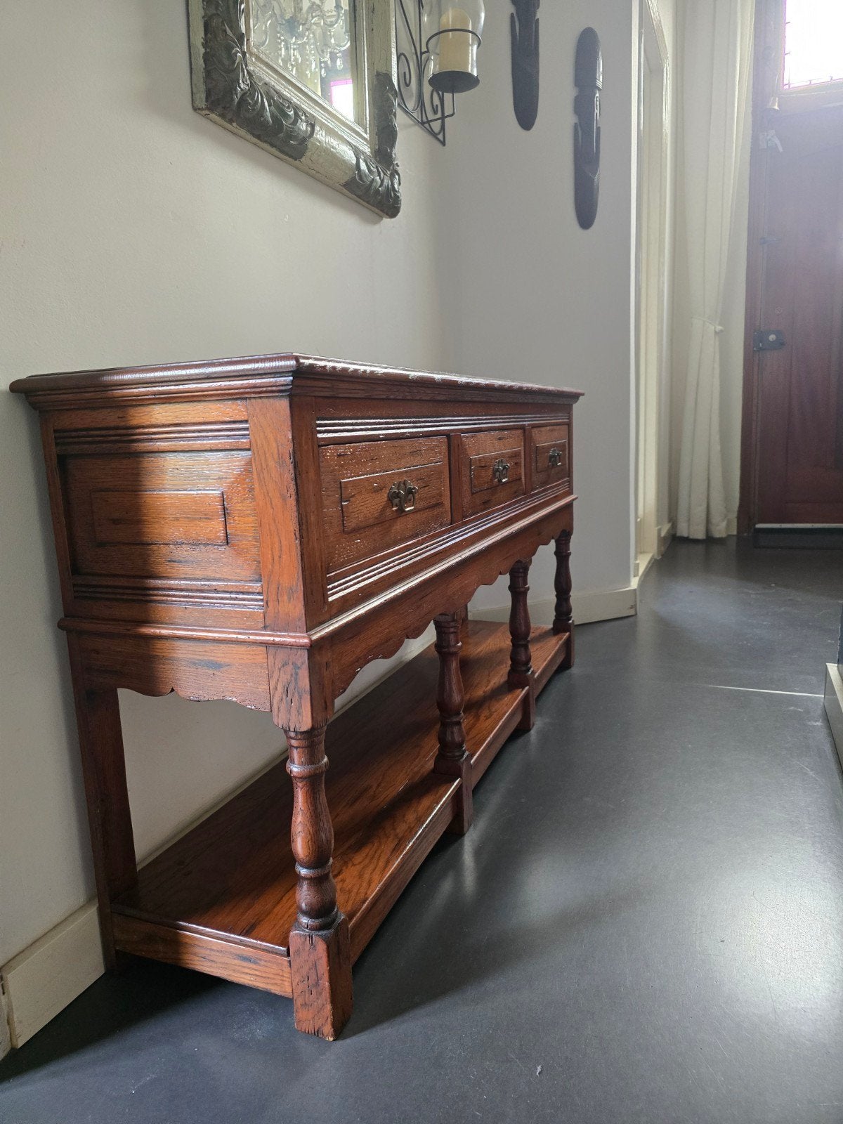 vintage eikenhouten potboard dresser base met lades en plank, Ophalen