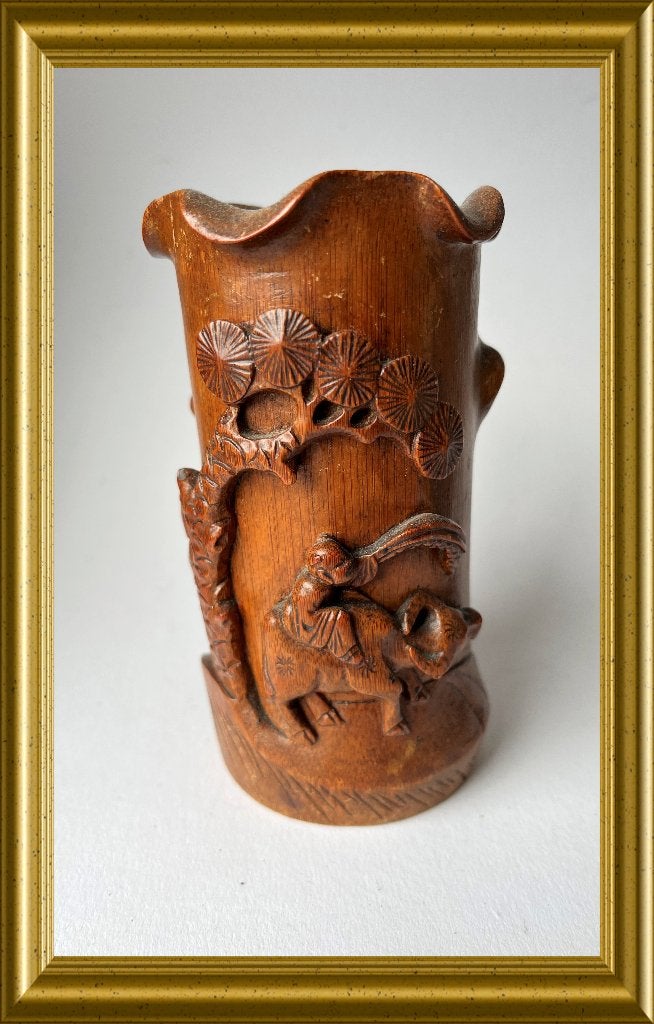 Chinese houten beker, bamboe penseelhouder, Hout, Handgemaakt, Ophalen of Verzenden, Houtsnijwerk