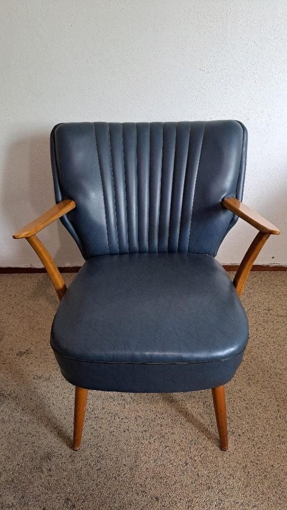 vintage fauteuils dubbele rug rare design cocktailstoel blue, Huis en Inrichting, Fauteuils, Ophalen, Leer, Minder dan 75 cm, Vintage