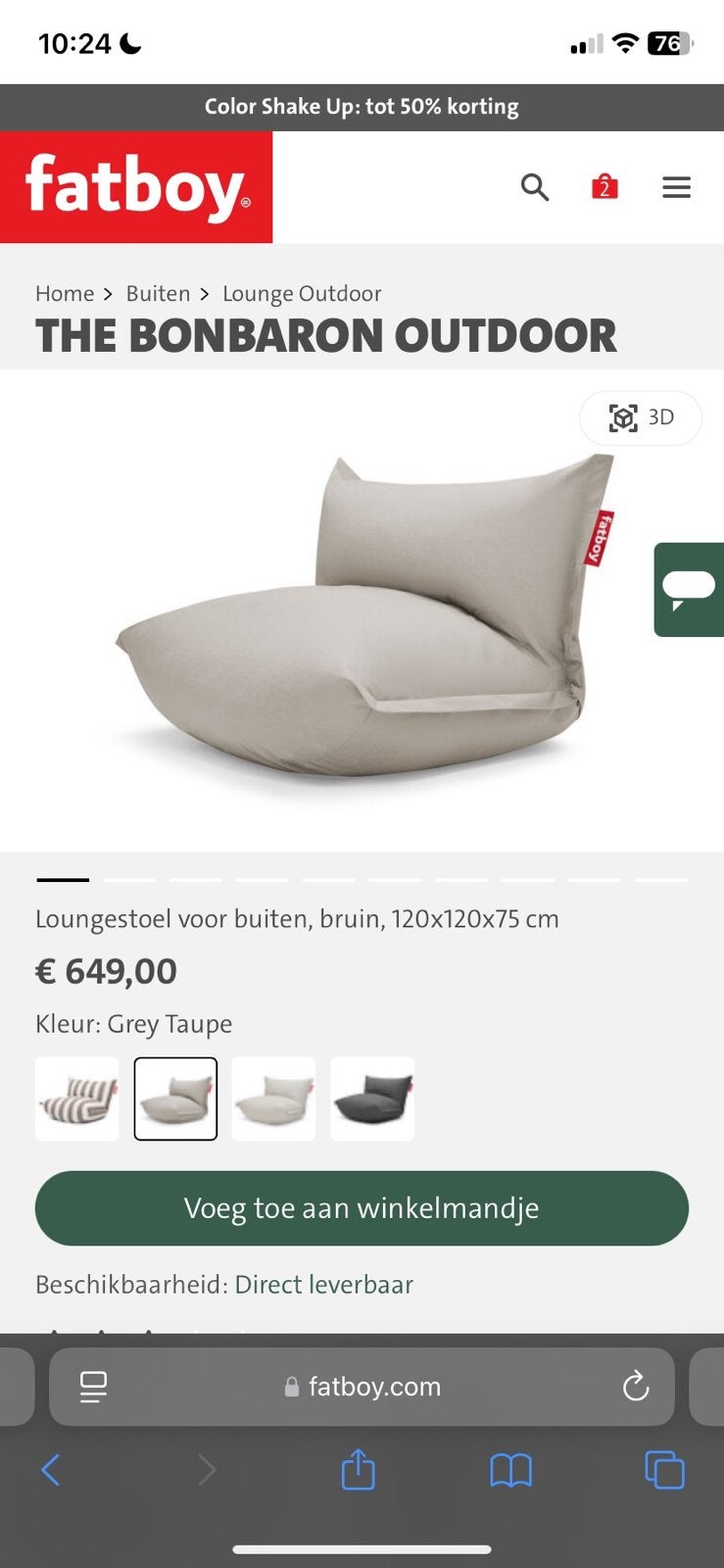 Twee Fatboys Bonbaron Outdoor Grey Taupe met Poef, Ophalen, Zo goed als nieuw