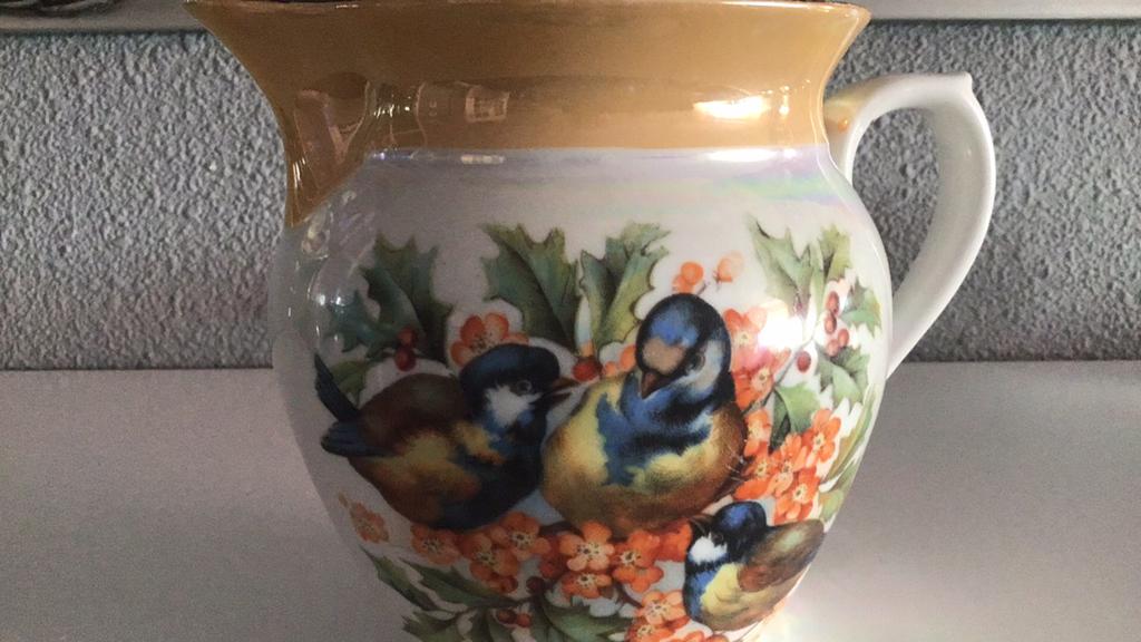 Prachig antiek vaasje geel met vogeltjes, Antiek en Kunst, Ophalen of Verzenden