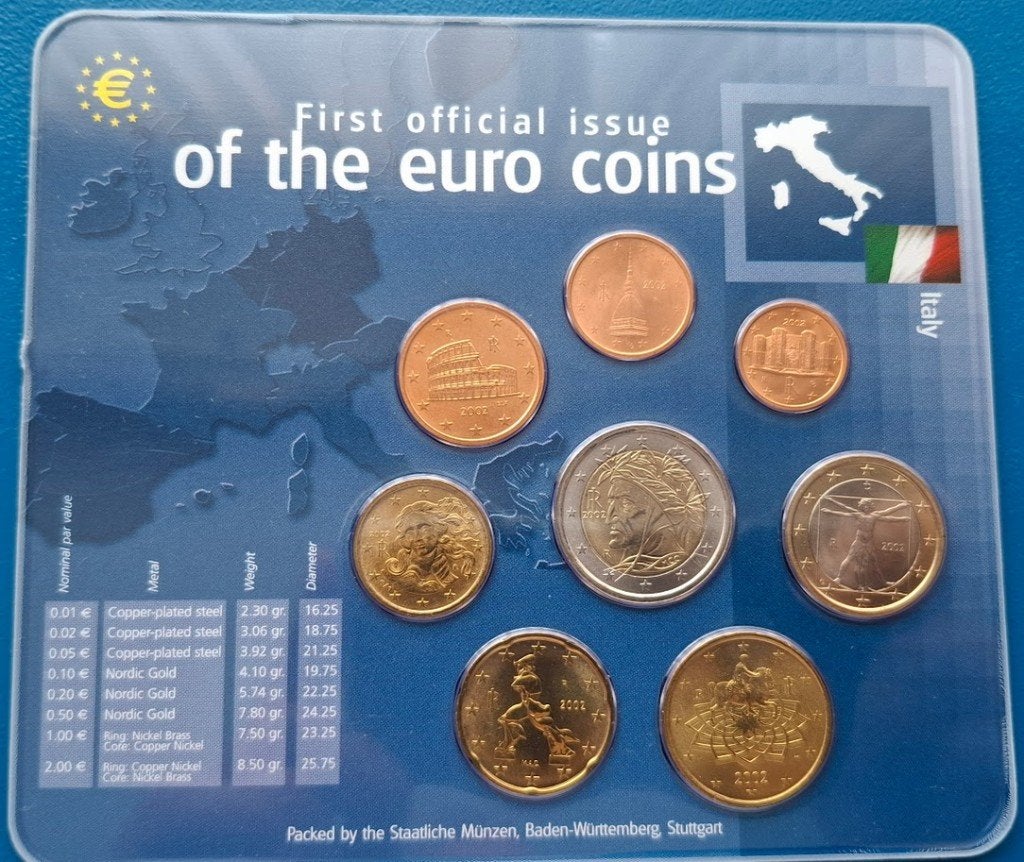 Italië 2002 First Official issue Euro coins UNC jaarset, Verzenden, Italië, Overige waardes, Setje
