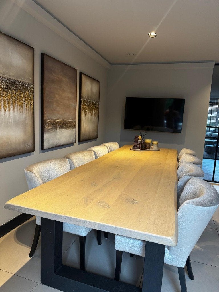 Eiken eettafel 320cm + 8 stoelen | nwpr €4.500, Ophalen, Eikenhout, 200 cm of meer, 50 tot 100 cm