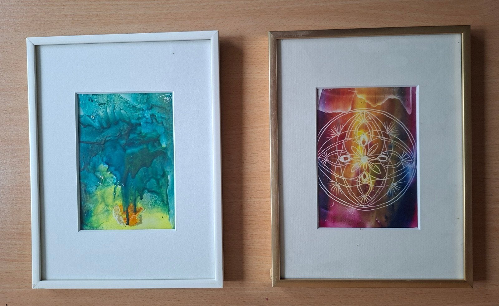 Set van 2 ingelijste abstracte kunstwerken, Antiek en Kunst, Ophalen of Verzenden