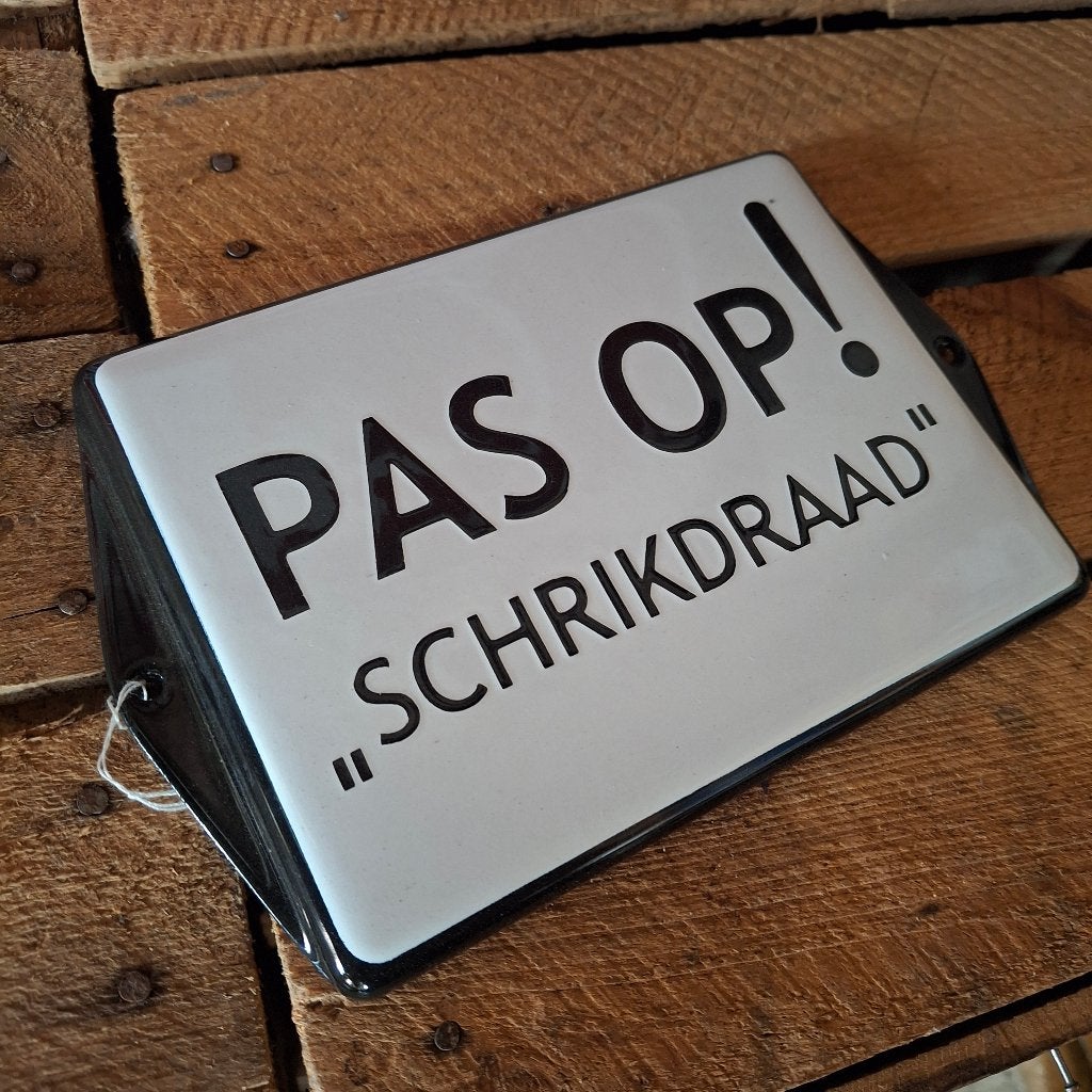 Pas op! Schrikdraad - Emaille waarschuwingsbord, Ophalen of Verzenden