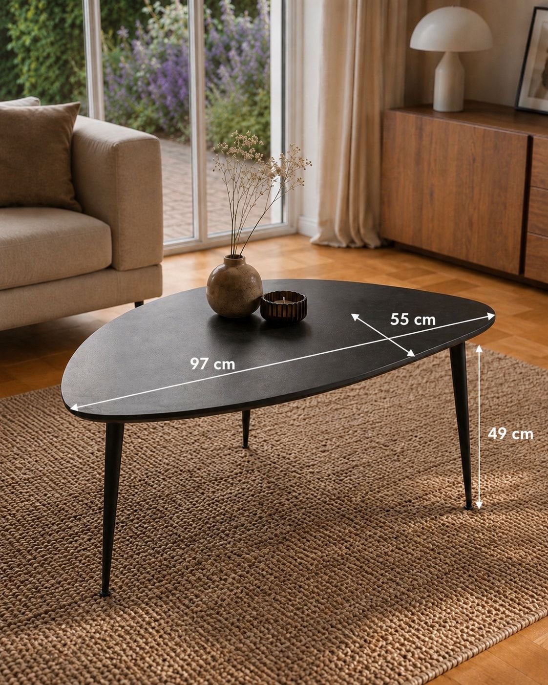 Zwarte salontafel druppelvorm, Huis en Inrichting, Tafels | Salontafels, Ophalen, 100 tot 150 cm, 50 tot 100 cm, Zo goed als nieuw