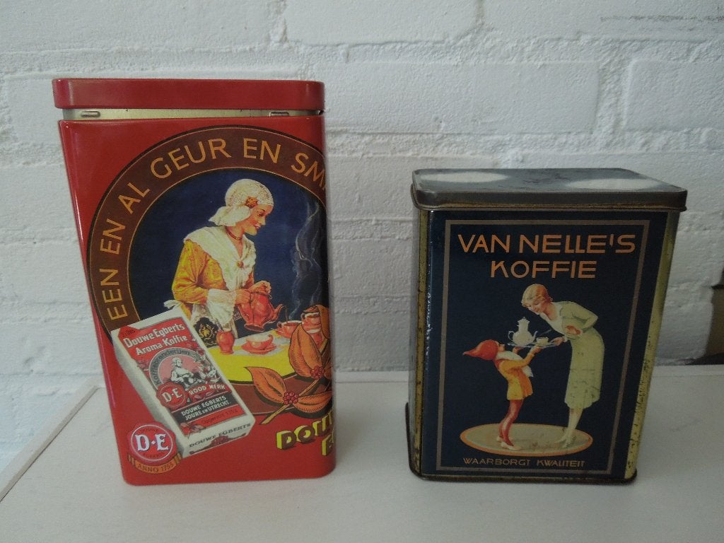2 vintage blikken: Douwe Egberts en Van Nelle koffie, Ophalen of Verzenden, Gebruikt, Koffie, Douwe Egberts
