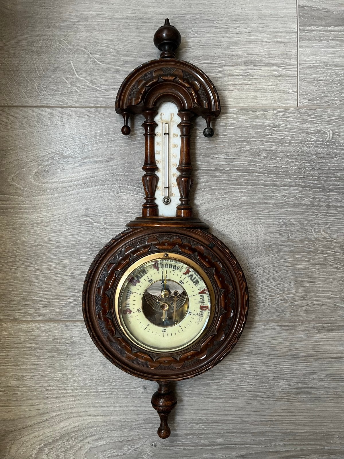 Antieke houten banjo barometer met thermometer, Antiek en Kunst, Ophalen of Verzenden