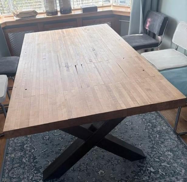 Robuuste Eikenhouten Industriele eettafel met X onderstel, Huis en Inrichting, Ophalen, 200 cm of meer, 50 tot 100 cm, Zo goed als nieuw