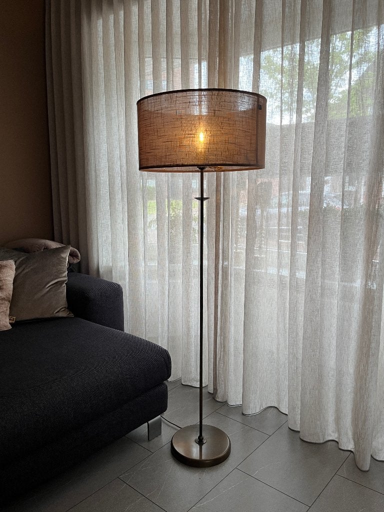 Koperkleurige vloerlamp met doorzichtige bruine kap, Ophalen, Gebruikt, Textiel, 150 tot 200 cm