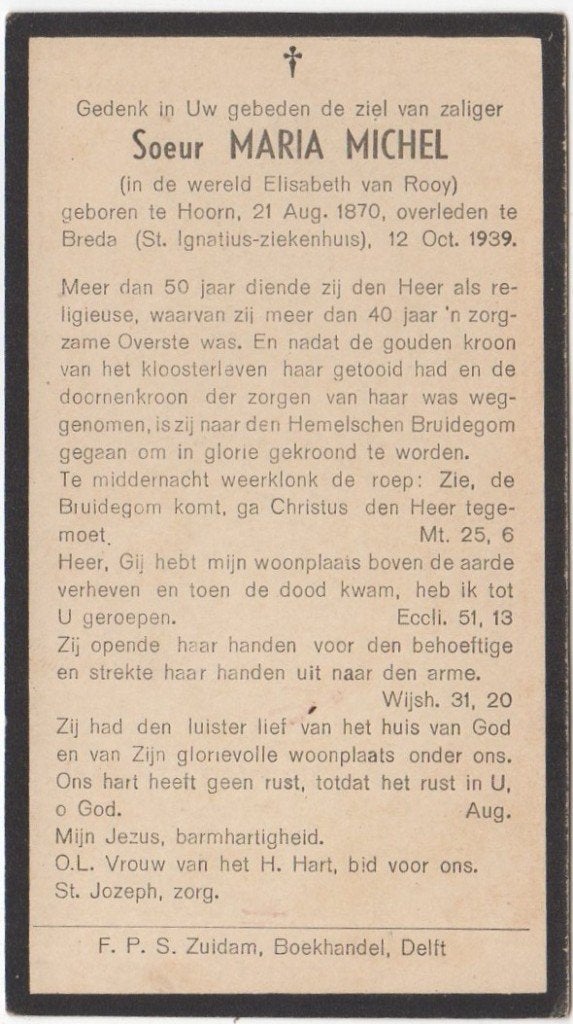 zr. Elisabeth van Rooy 1870 Hoorn + 1939 Breda, 69 jaar oud, Ophalen of Verzenden