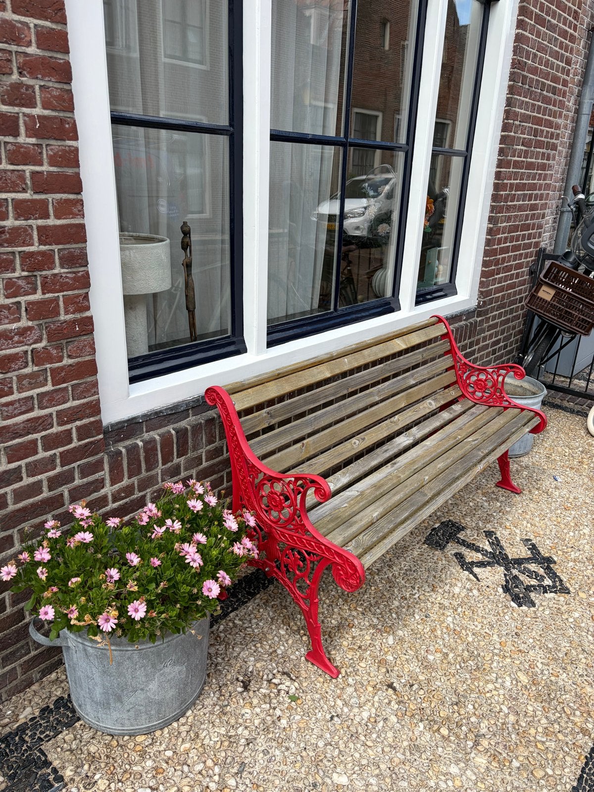 Antieke houten tuinbank met gietijzeren frame, Antiek en Kunst, Ophalen