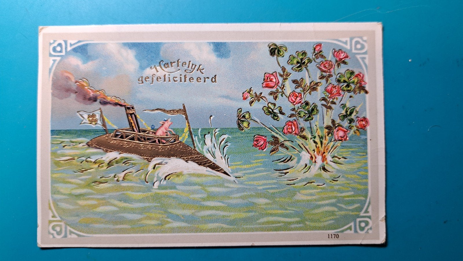 Gouden duikboot, onderzeeboot,  varken, 1910, Verzamelen, Ophalen of Verzenden, Voor 1920, Gelopen