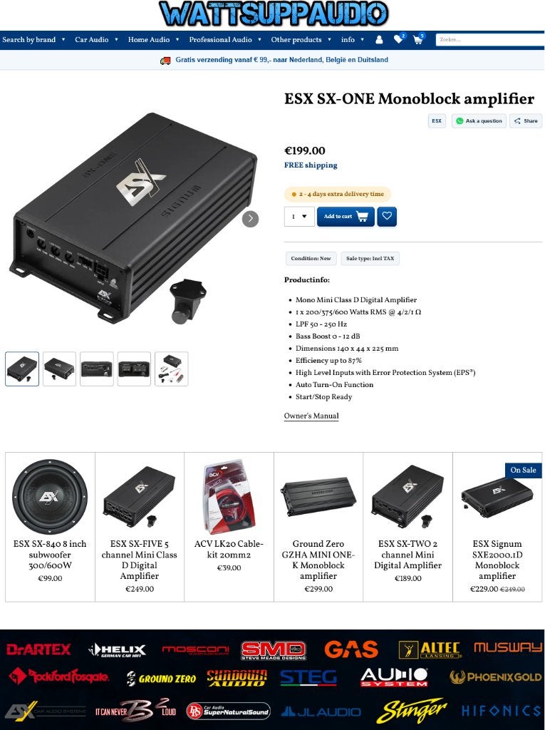 ESX SX-ONE Mini Monoblok 600W RMS versterker, Auto diversen, Audio Design, Nieuw, Am Breilingsweg 3, 76709 Kronau, Duitsland, Ophalen of Verzenden