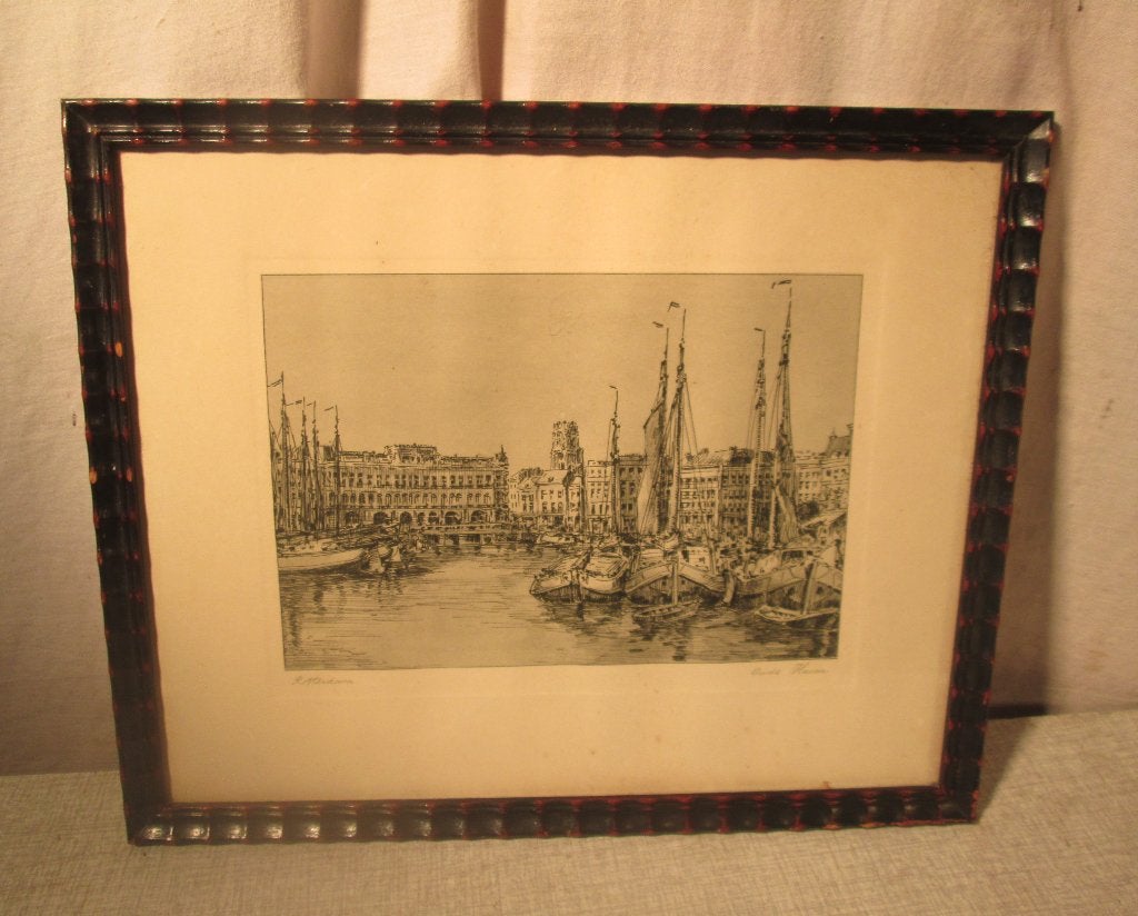 Mooie Ets 'Oude Haven Rotterdam' - 32x26, Ophalen of Verzenden, Ets
