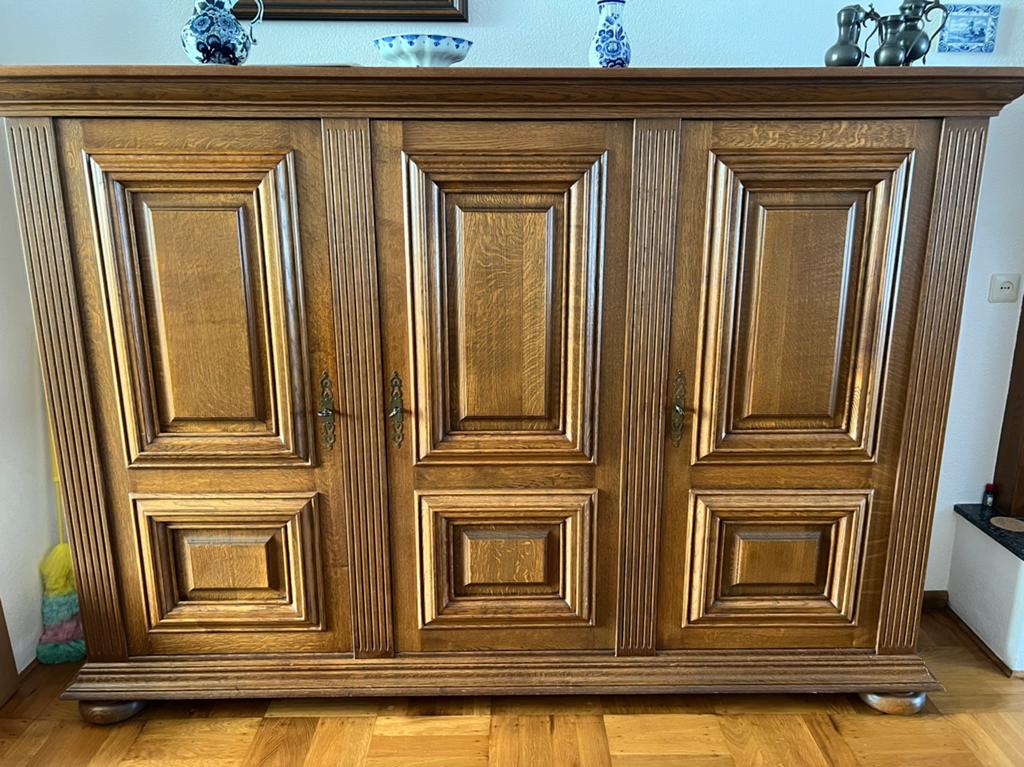 Massief eiken kast met planken en laden, Ophalen, Gebruikt, 25 tot 50 cm