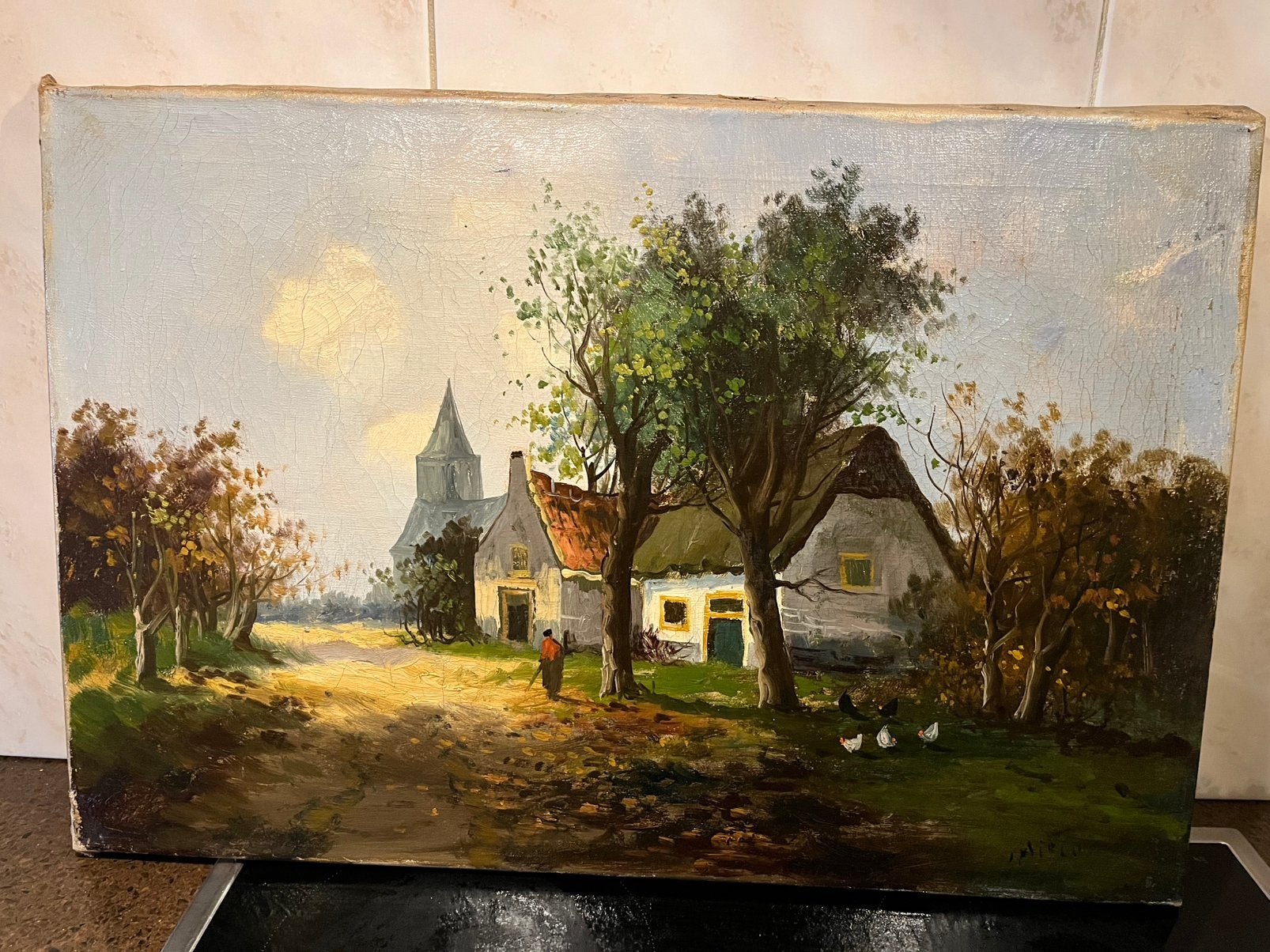 Antiek olieverf dorpsgezicht schilderij, Ophalen