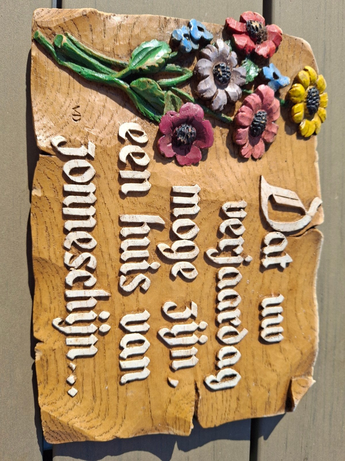 Houten wanddecoratie met bloemen en tekst, Hout, Gebruikt, Meerkleurig, Ophalen of Verzenden
