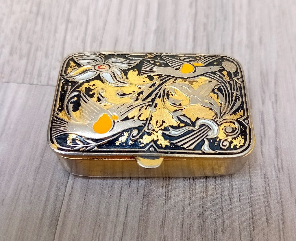 damascene gouden bloem & vogels pillendoos, midas, Verzenden