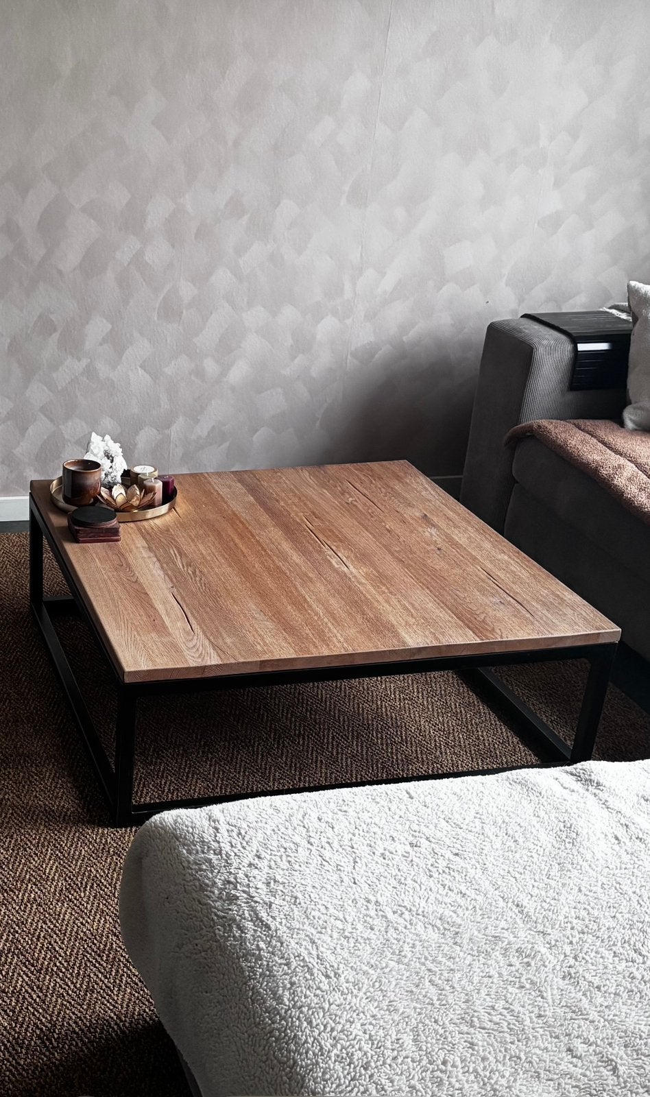 Vierkante salontafel hout met metalen frame, Ophalen, Gebruikt, Vierkant, 50 tot 100 cm