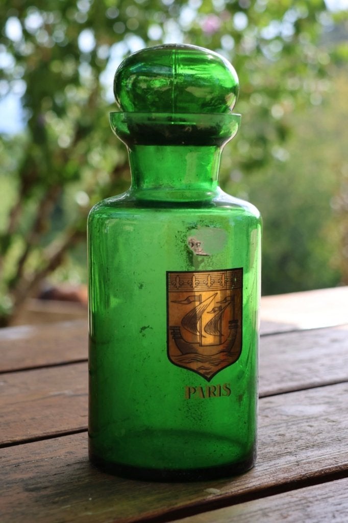 Oude groene glazen stopfles / sierfles, Verzenden