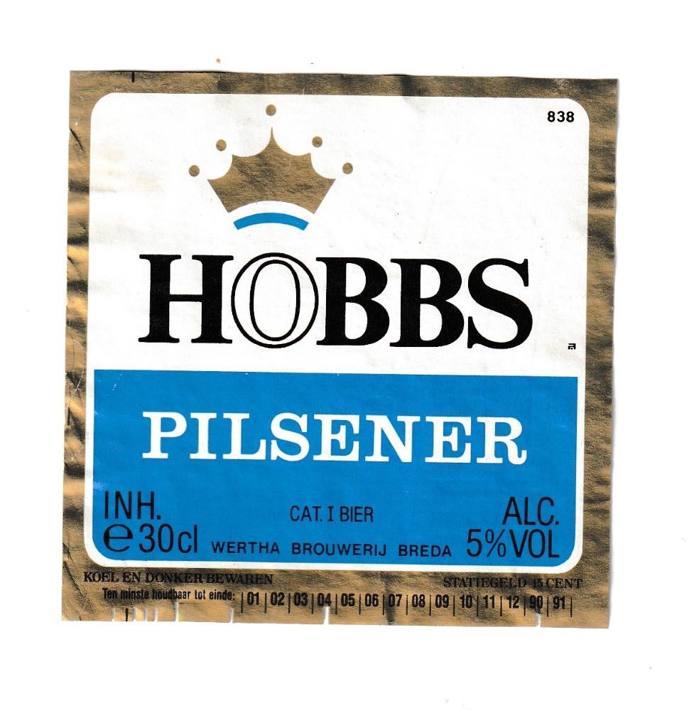 Bieretiket Hobbs Pilsener - Werta Brouwerij ( no 838), Verzamelen, Ophalen of Verzenden, Zo goed als nieuw, Overige typen, Overige merken