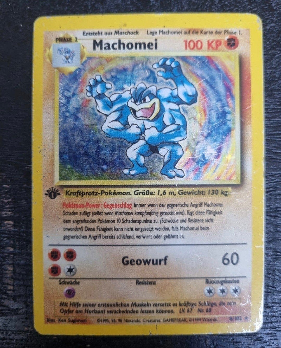 Machomei ( machamp ) 8/102 base set ( duits )1st edition €5, Ophalen of Verzenden, Gebruikt, Losse kaart, Foil