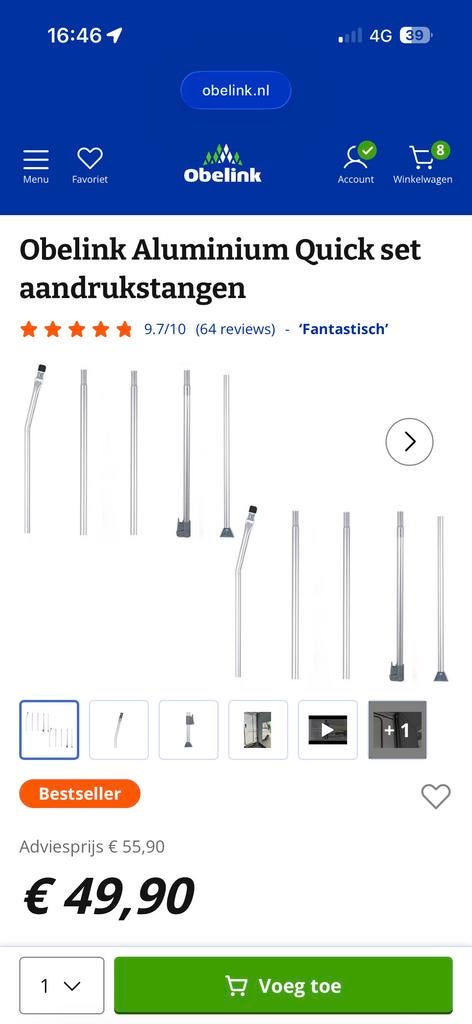 Obelink Aluminium Quick set aandrukstangen. NIEUW, Ophalen of Verzenden, Nieuw