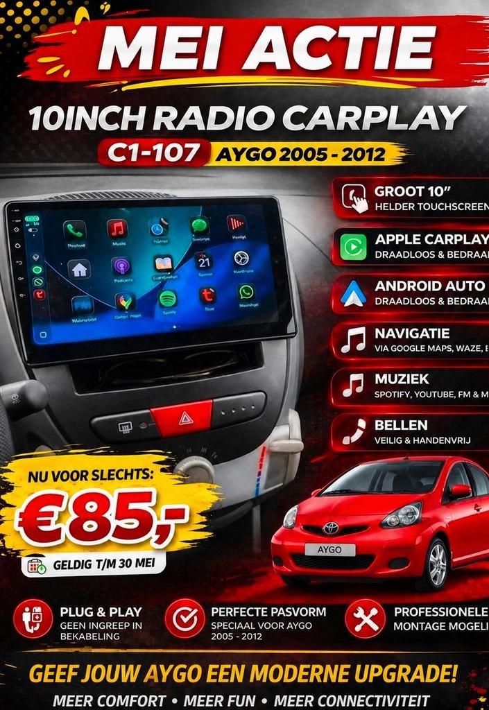 ‼️MEI ACTIE ‼️NIEUWE 10"RADIO CARPLAY C1-107 AYGO 2005 201, Ophalen of Verzenden, Nieuw