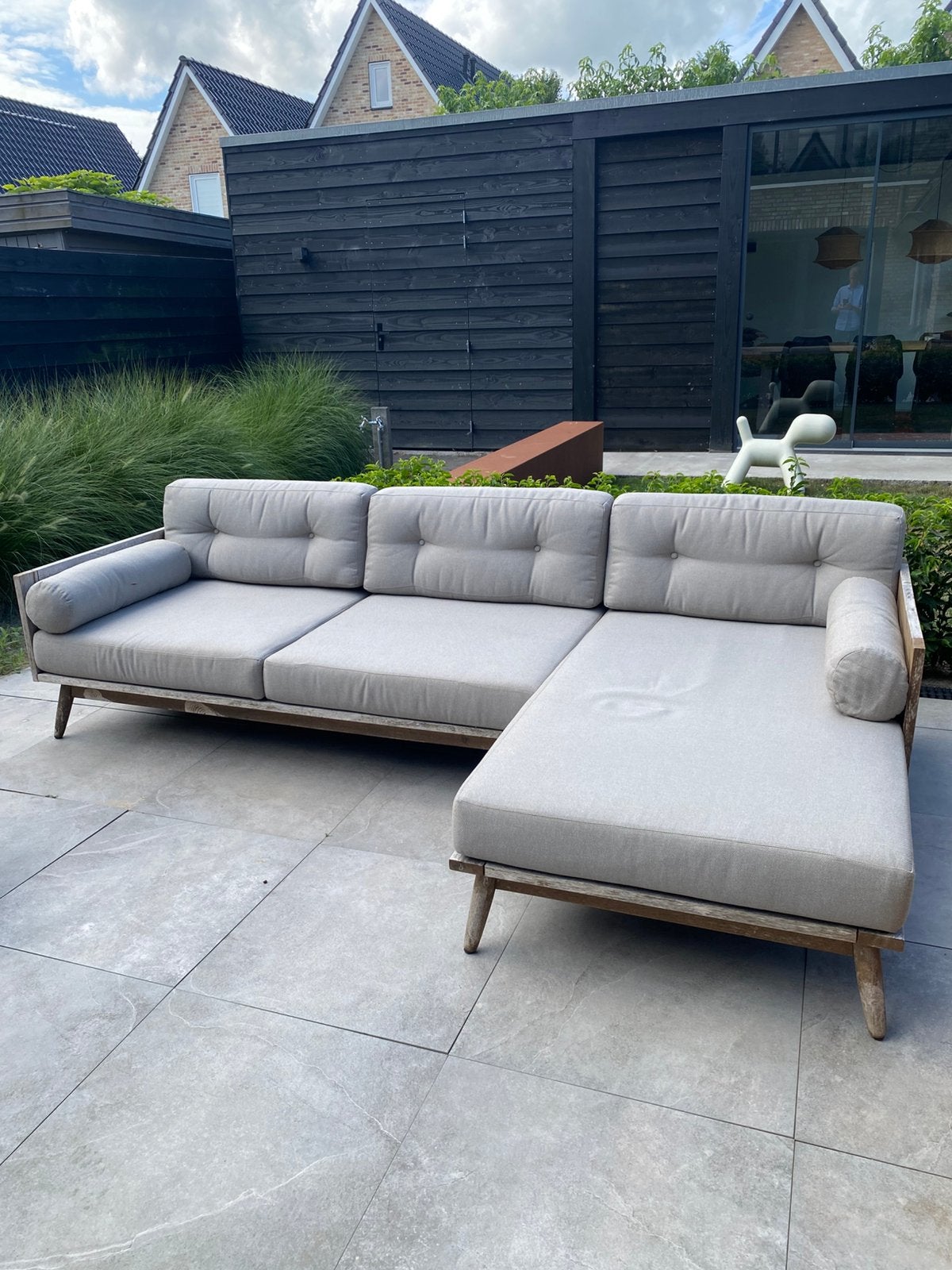 Loungeset hout 260x150x85cm (LxBxD) met grijze dikke kussens, Tuin en Terras, Tuinsets en Loungesets, Ophalen, 5 zitplaatsen, Gebruikt