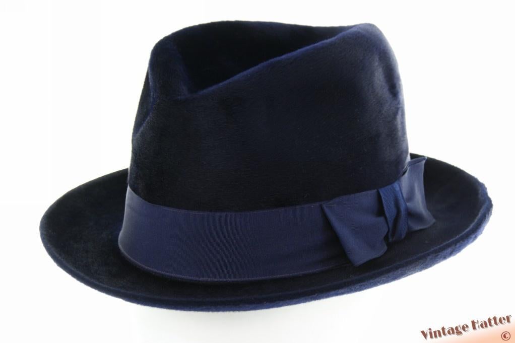 Vintage Semi-Homburg hoed Huckel donkerblauw zacht vilt 56, Hückel, Hoed, Ophalen of Verzenden, 57 cm (M, 7⅛ inch) of minder