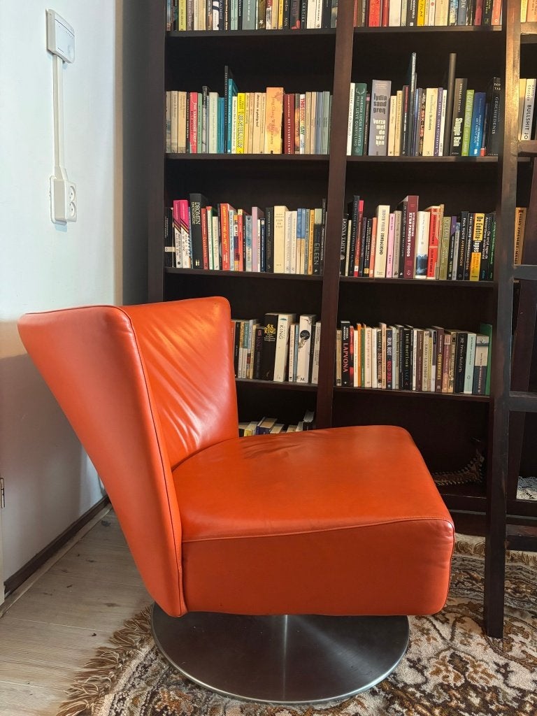 Vintage Jan des Bouvrie Design Draaifauteuil – Oranje Leer, Ophalen, Gebruikt, 75 tot 100 cm, 75 tot 100 cm