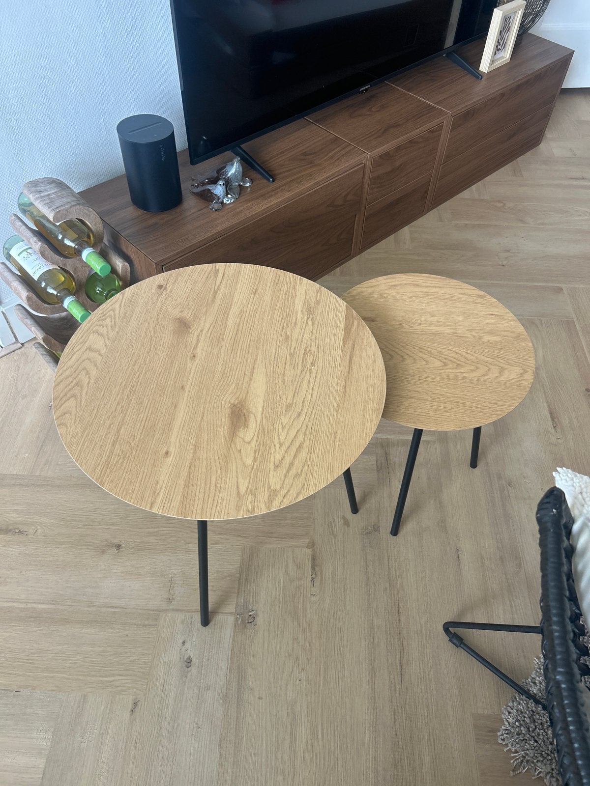 Set van 2 JYSK salontafels, rond, hout en metaal, Ophalen, Minder dan 50 cm, Rond, Zo goed als nieuw