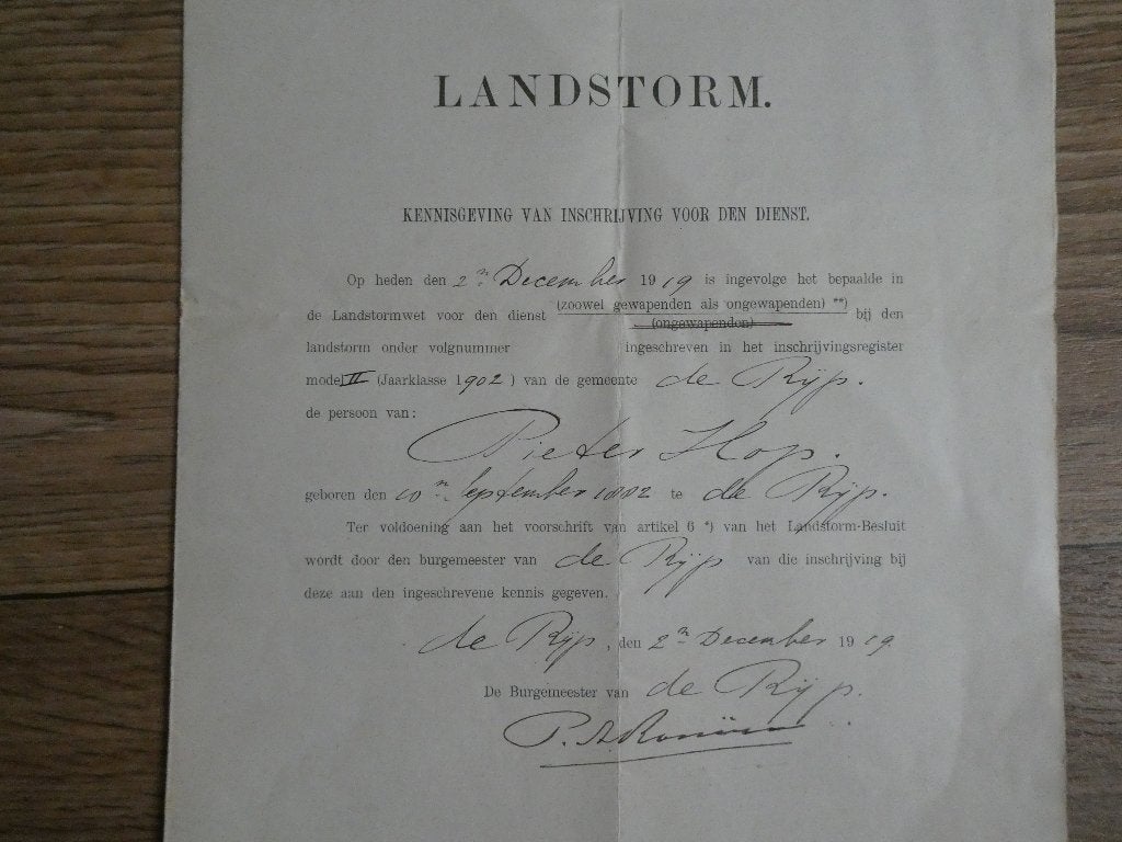Landstorm kennisgeving van inschrijving voor den dienst., Verzamelen, Ophalen of Verzenden, Landmacht, Nederland, Foto of Poster