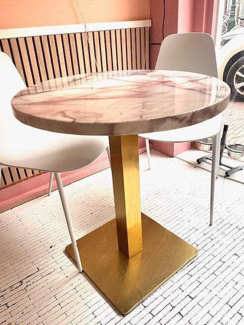 Epoxy ronde roze marmer horeca tafel met goud onderstel, Ophalen, 50 tot 100 cm, Rond, Nieuw