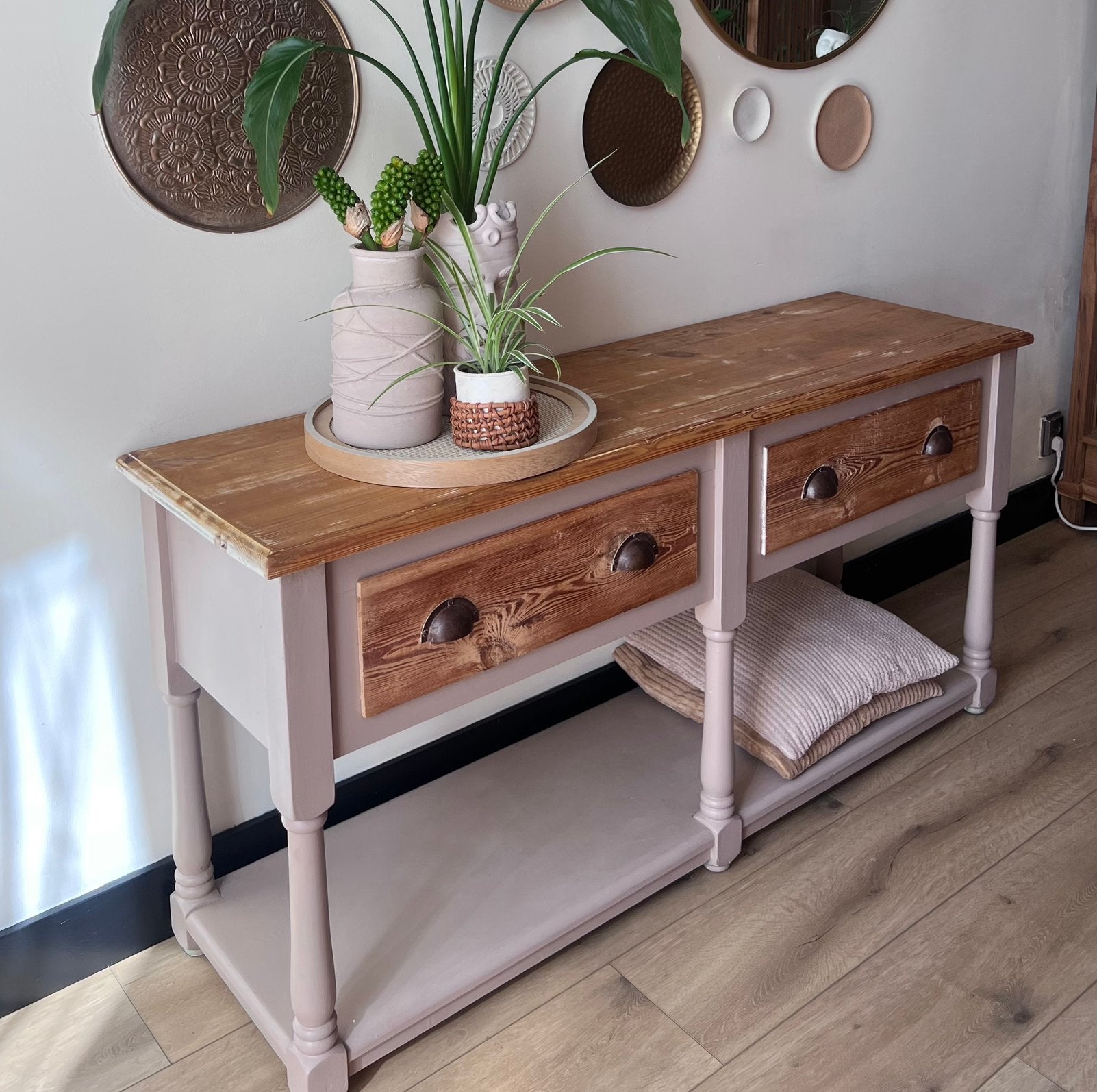 Sidetable tafel landelijk grenen ladekast kast stoer hout, Ophalen, 100 tot 150 cm, Zo goed als nieuw, 25 tot 50 cm