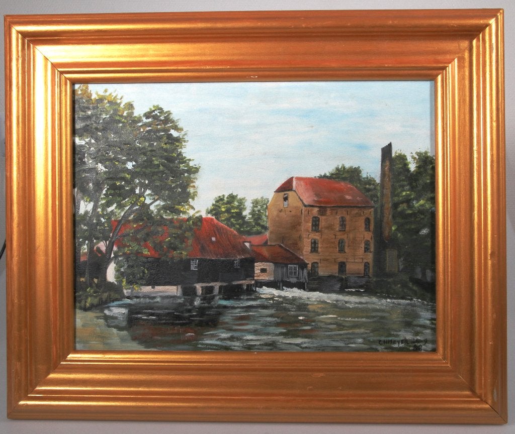 Schilderij: Woenseler watermolen, Antiek en Kunst, Doek, Realistisch, Ophalen of Verzenden, Bijzondere lijst
