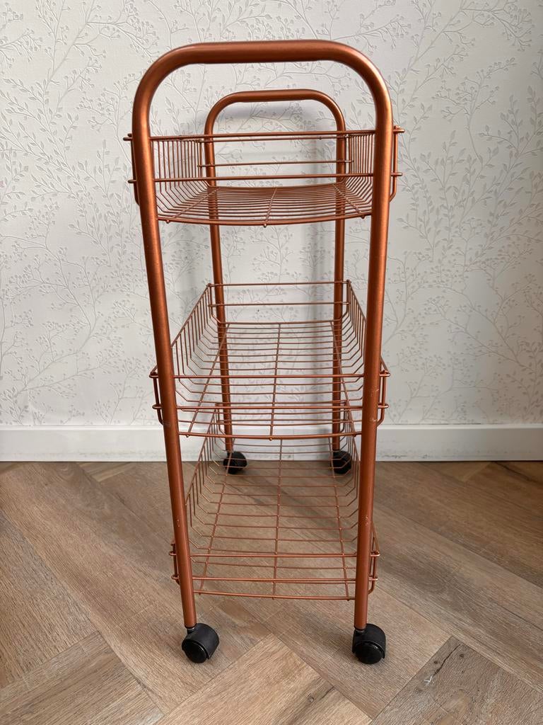 Koperkleurige trolley met 3 manden op wieltjes, Ophalen, Zo goed als nieuw