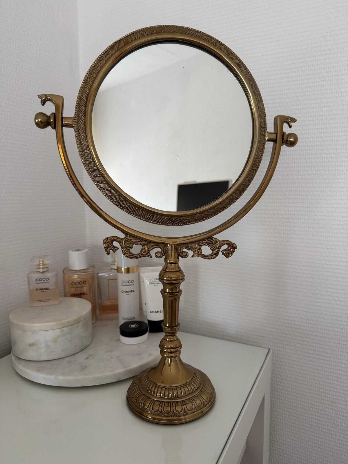 Vintage messing make-up spiegel, Antiek en Kunst, Ophalen, Rond, Minder dan 50 cm, Minder dan 100 cm