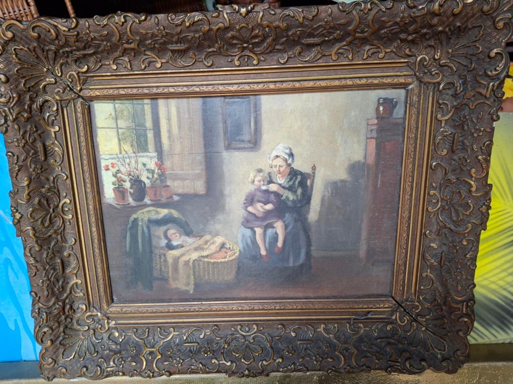 Prachtig schilderij: Moeder met kinderen in mooie lijst, Antiek en Kunst, Kunst | Schilderijen | Klassiek, Ophalen